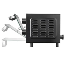 Black countertop toaster oven back vent area with heat-flow arrows diagram