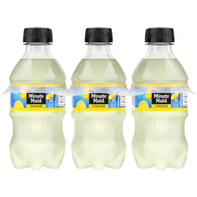 Three Minute Maid lemonade bottles with black caps and blue-yellow labels, pale yellow liquid.