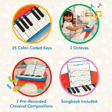 Toy piano feature graphic: 25 color-coded keys, 2 octaves, songbook included