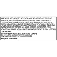 Ingredients label for salsa con queso cheese dip with water, cheese, jalapeño, and spices