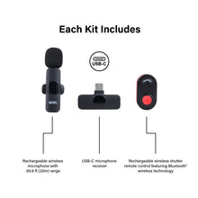 Portable LED video light kit accessories: mic, USB-C receiver, and wireless shutter remote
