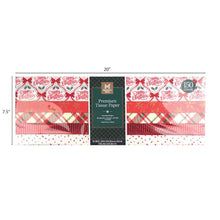 Pack of Christmas tissue paper with red holiday motifs, plaid bands and size label