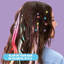 Kids hair glamour look with colorful streaks and butterfly hair clips