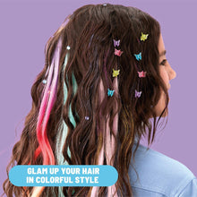 Temporary hair glitter streaks and colorful star clips in a child’s dark hair