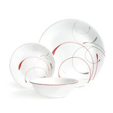 White glass dinnerware set with red and gray swirl patterns, serving 4