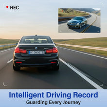 Dashboard dash cam showing recorded road view on the front camera screen