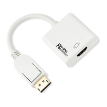 White DisplayPort to HDMI adapter cable with HDMI and DisplayPort plugs