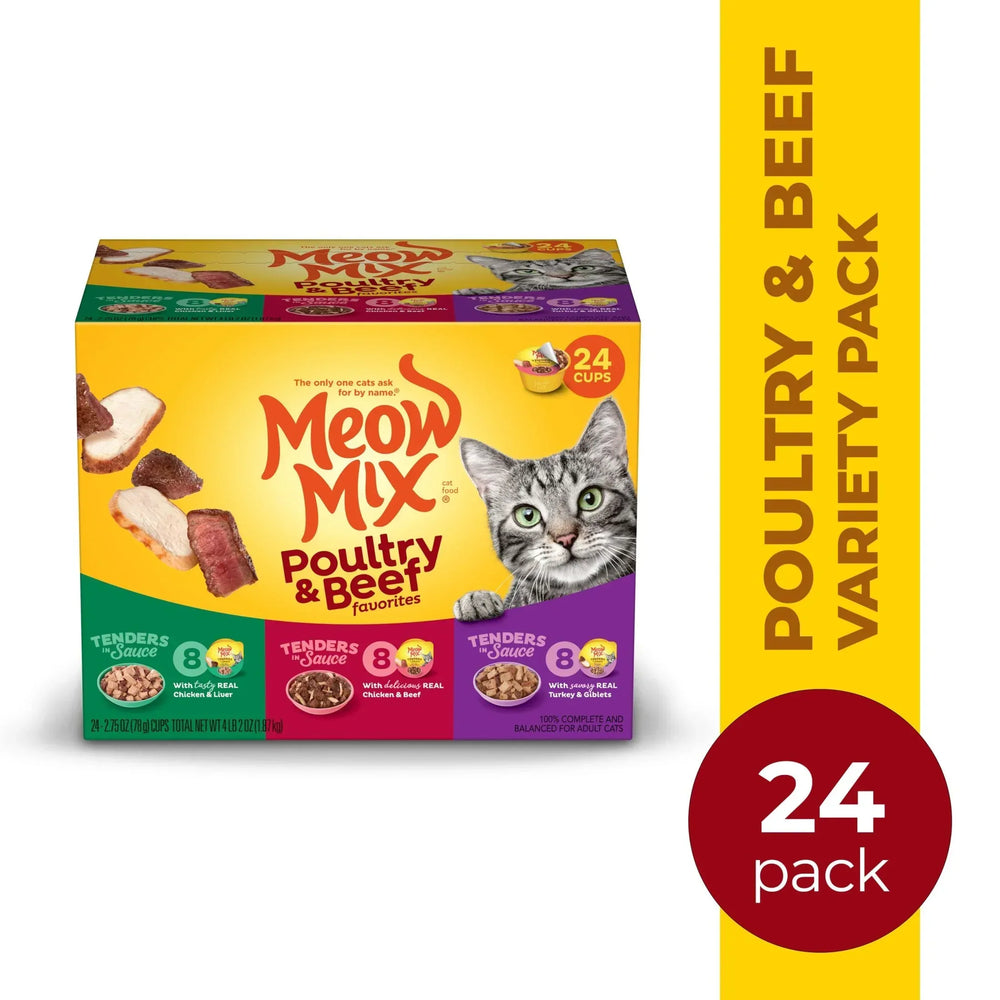 Meow Mix Tender Favorites Poultry & Beef Variety Pack, Wet Cat Food, 2.75 oz Cup - USA MEGA SHOP