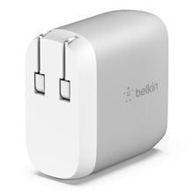 Belkin dual-port USB wall charger side view with two USB-A plug heads