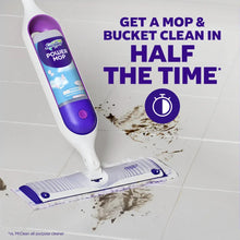 Swiffer Power Mop device with white-and-purple pad mopping a tiled floor