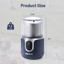 Cordless electric coffee grinder, blue base with transparent top and white power button