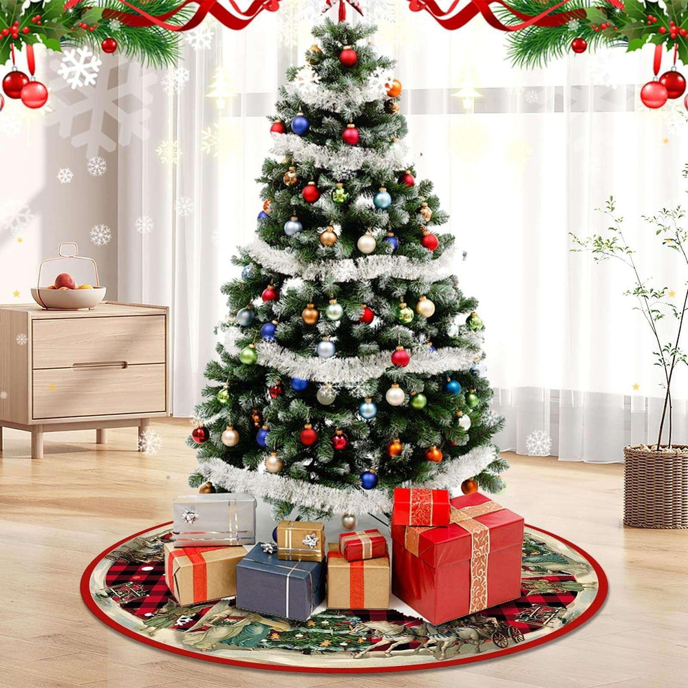 Christmas Tree Skirt, New Year Xmas Deco, 48 Inches Large Christmas Tree Skirts Snowflake Red and Black Plaid Stamp for Christmas Tree Decorations - USA MEGA SHOP