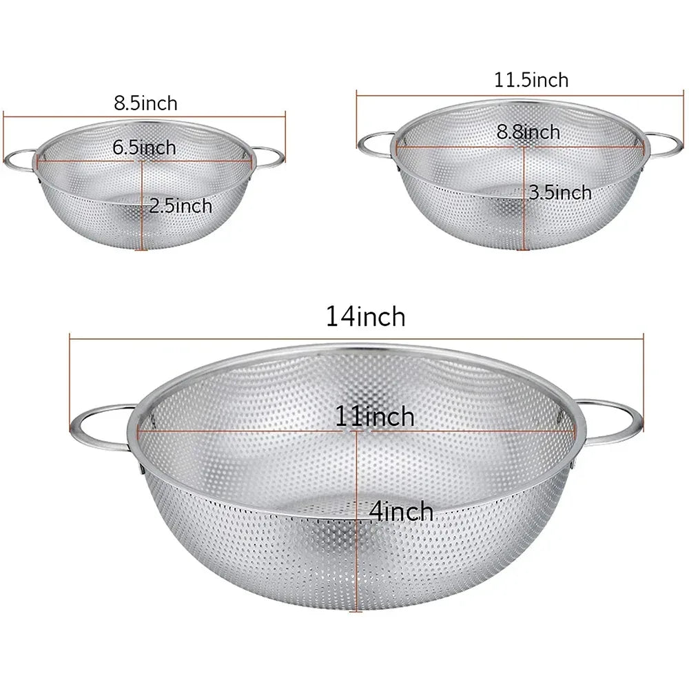 VeSteel Colander Set of 3, Stainless Steel Micro-Perforated Colanders Strainers for Draining Rinsing Washing, Ideal for Pasta Vegetables Fruits, Heavy Duty & Dishwasher Safe - USA MEGA SHOP