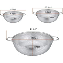 Stainless steel colander with side handles shown with size measurement lines