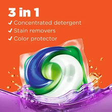 Tide PODS Spring Meadow 3-in-1 detergent pod, green and blue with purple foam