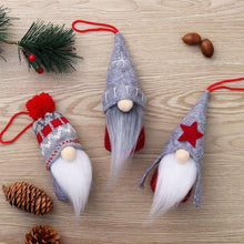 Plush gnome ornament set of 6, red-and-gray knit hats with pom-poms and white beards