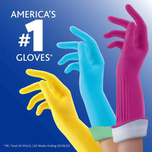Magenta rubber cleaning glove with cuff, with blue and yellow gloves shown