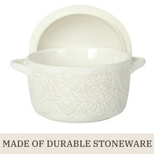Stoneware cocotte with lace embossing, lid and side handles, cream white