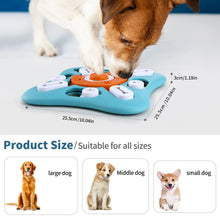 Blue dog puzzle feeder showing orange spinner center with raised bone and paw parts