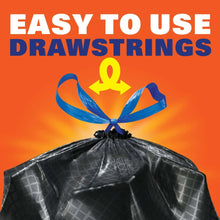 Black trash bag with blue drawstring and Easy to Use Drawstrings text