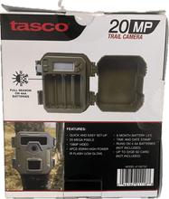 Tasco 20MP trail camera package with feature list and battery information