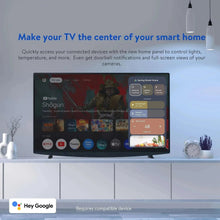 TV smart home control panel with device tiles and thermostat