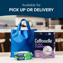 Cottonelle Ultra Comfort toilet paper rolls with blue tote bag and small packs