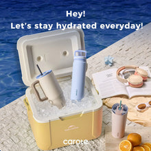 Insulated bottle set with straw lids, beige handled tumbler and blue bottle