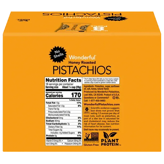Wonderful Pistachios No Shells Honey Roasted Nuts, 2.25 oz (Pack of 8)