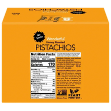 Honey roasted pistachios nutrition facts panel on orange box, with serving details