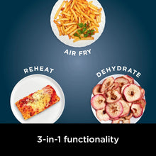 3-in-1 functionality graphic for air fryer with air fry, reheat, and dehydrate icons