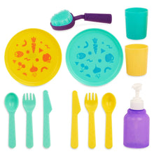 Plastic dish set accessories with plates, cups, utensils, dish brush, and soap bottle