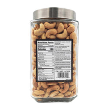 Glass canister of cashews with nutrition facts panel on back label