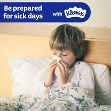 Lotion facial tissues, child holding a tissue to their nose with Kleenex text