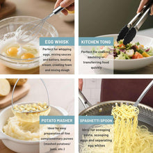 Stainless steel egg whisk and kitchen tongs for mixing and serving