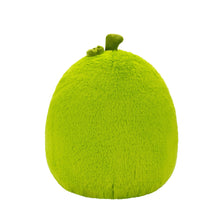 Green fuzzy pickle plush toy with stem on top, back view