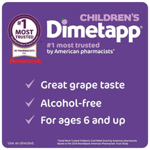 Children's Dimetapp Cold & Cough liquid label, #1 most trusted, great grape taste, alcohol-free