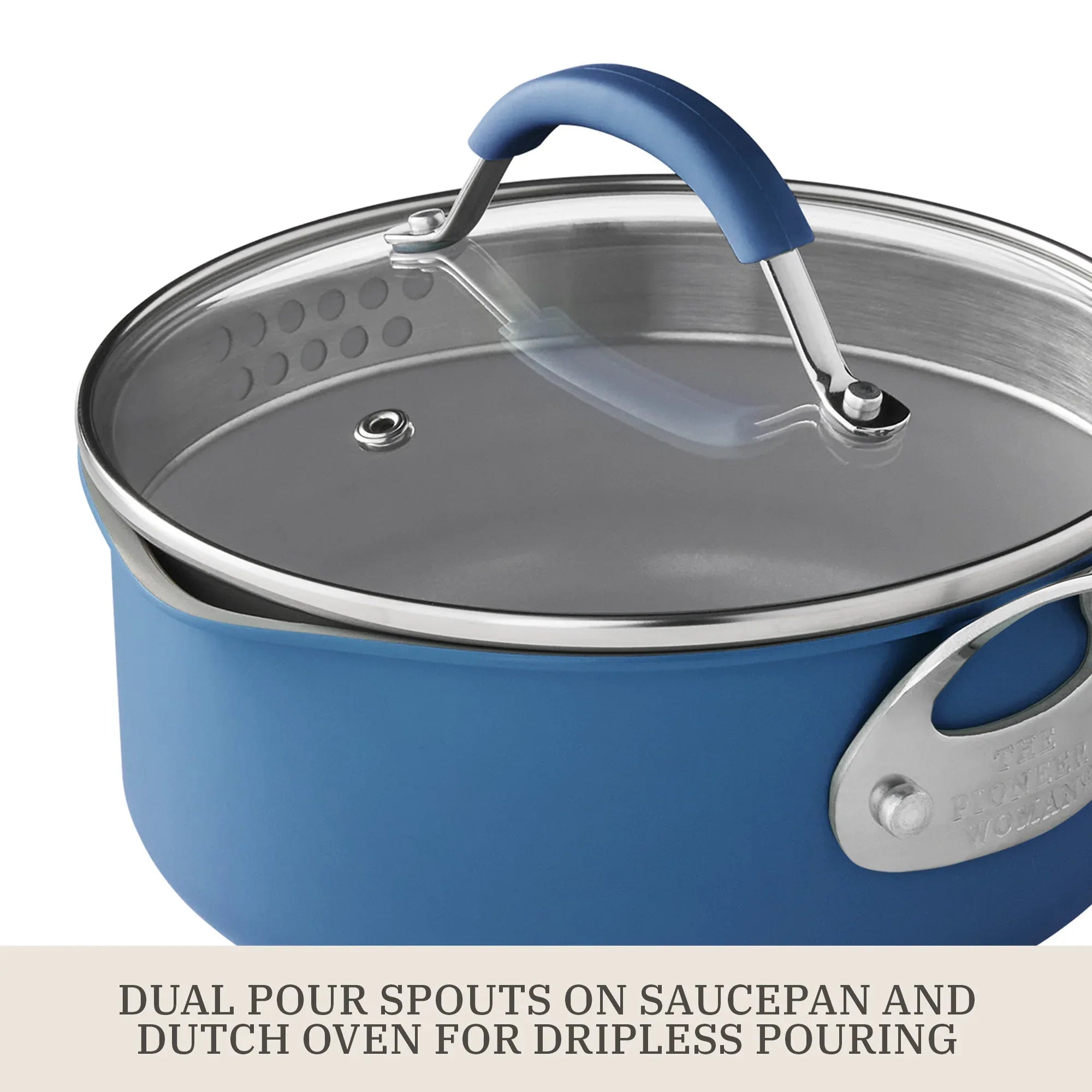 The Pioneer Woman Sutton 17-Piece Ceramic Cookware Set with Strainer Lids and Cookie Sheet with Rack, Blue