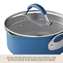 Blue ceramic saucepan with glass lid, dual pour spouts, and stainless handles