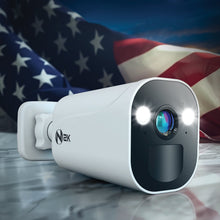 White spotlight security camera with front lens and LED indicator lights