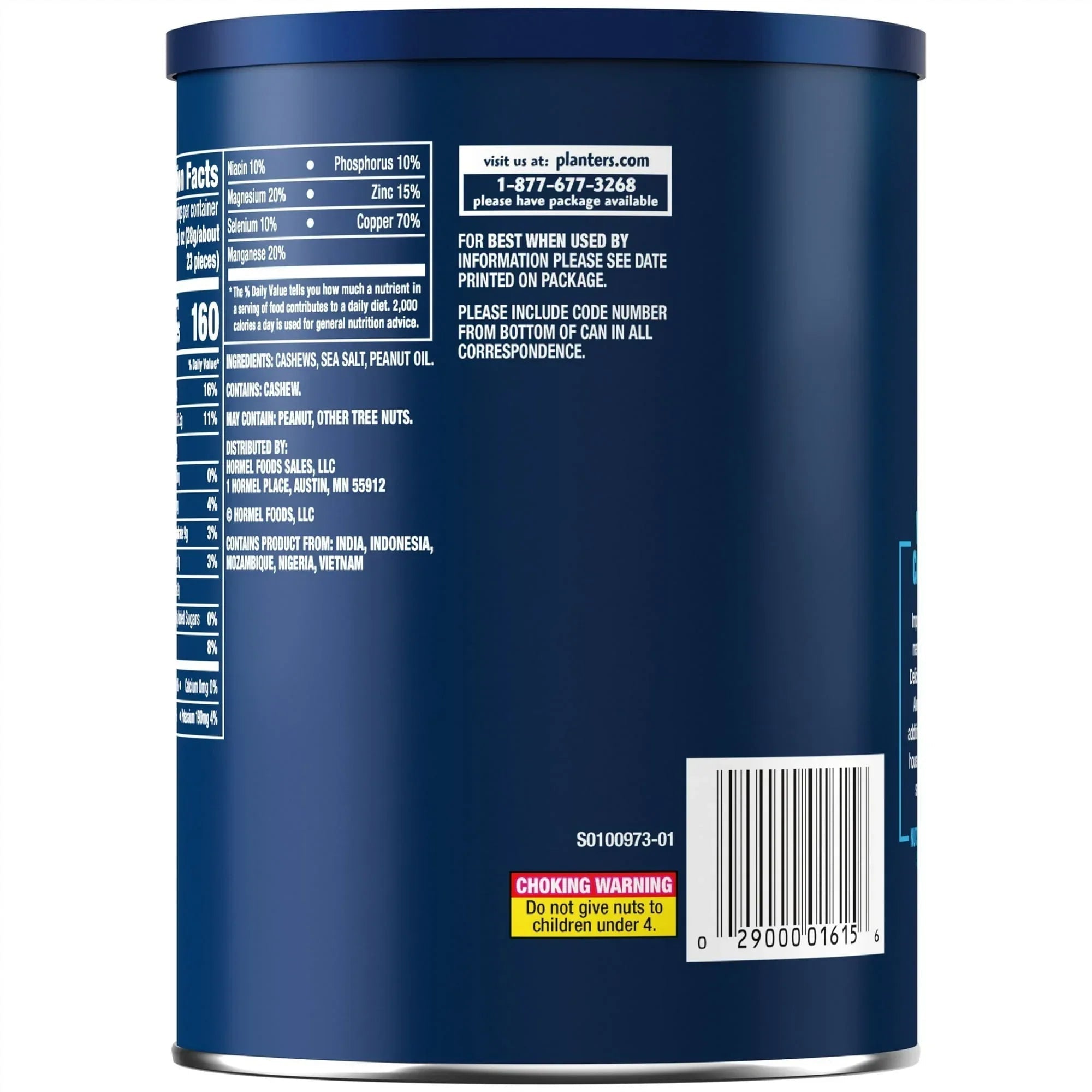 PLANTERS Deluxe Salted Whole Cashews, Party Snacks, Plant Based Protein, 18.25 oz Steel Can