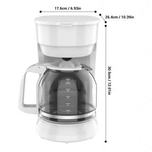 White 12-cup drip coffee maker front view with level markings on carafe