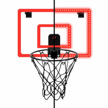 Over-the-Door basketball hoop front view with LED backboard and hanging net