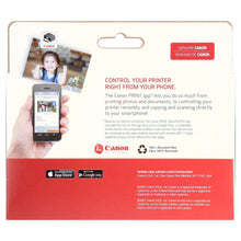 Canon ink cartridge combo pack back panel with phone control and app icons
