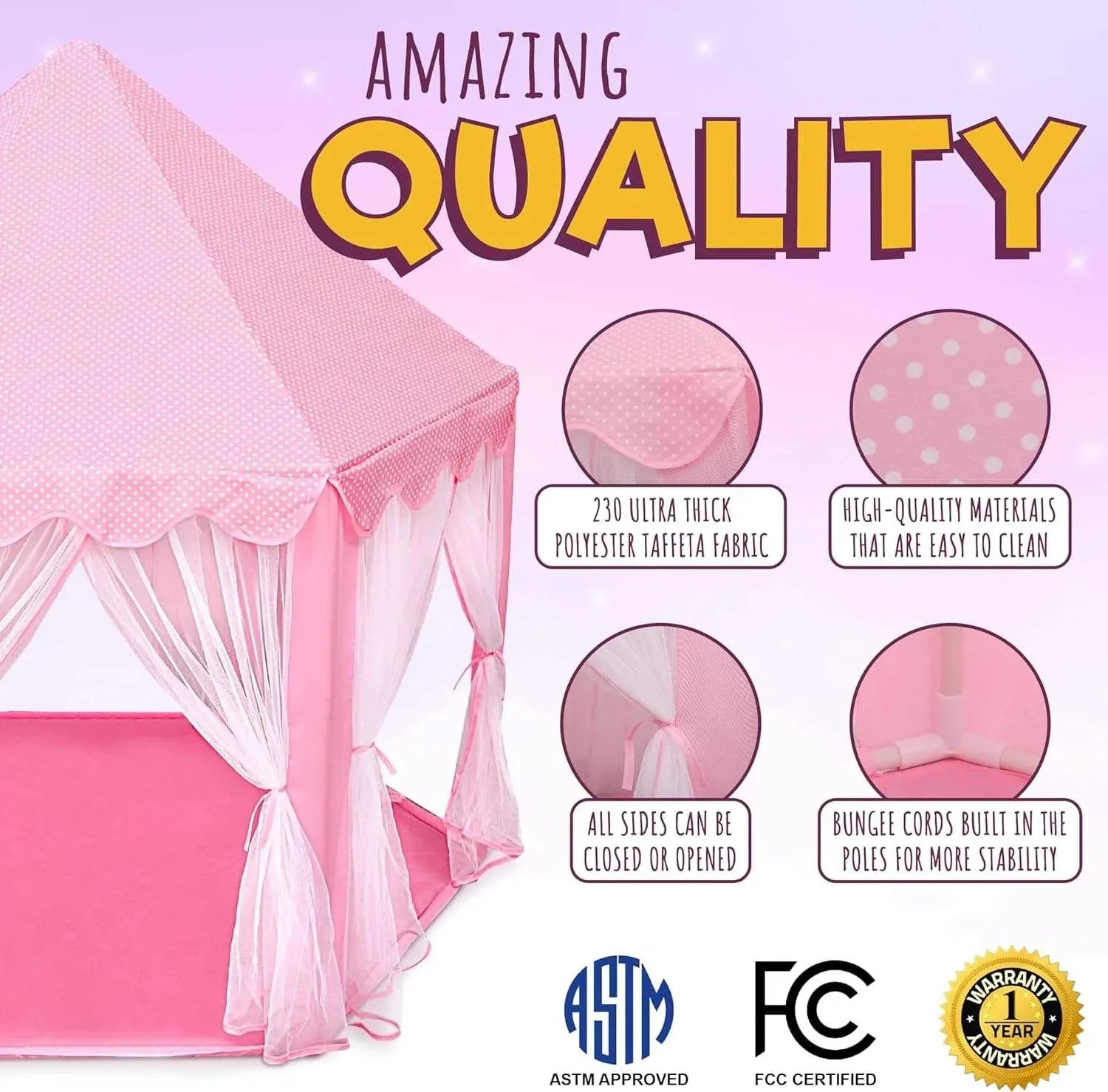 ORIAN Princess Castle Playhouse Tent for Girls with LED Star Lights – Indoor & Outdoor Large Kids Play Tent for Imaginative Games – Princess Tent, 230 Polyester Taffeta. Pink 55"x53". - USA MEGA SHOP