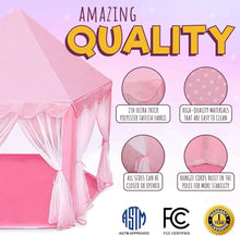 Pink princess play tent corner view with sheer hanging curtains; fabric and quality callouts shown.