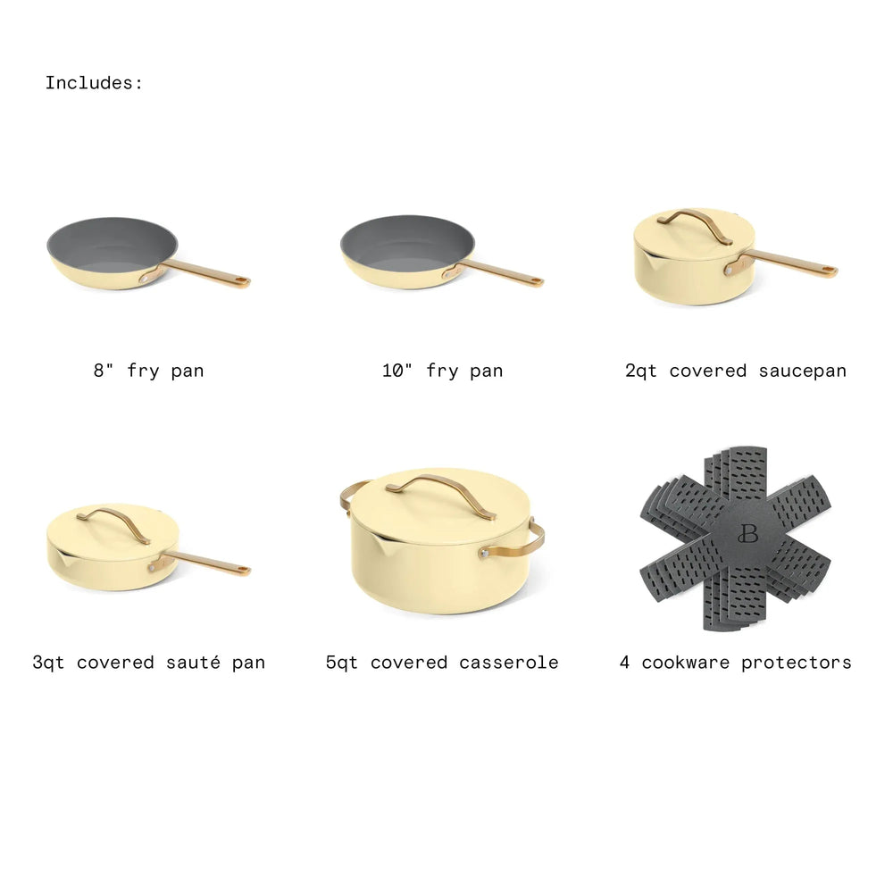 Beautiful 12-Piece Ceramic Nonstick Cookware Set, Pots and Pans with Strainer Lids, Buttercream by Drew Barrymore - USA MEGA SHOP
