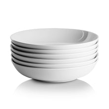 White pasta/dinner bowls, set of 6, shallow glossy ceramic bowls stacked