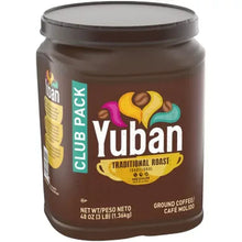 Ground coffee jar with Yuban Traditional Roast label, medium, 48 oz, side view