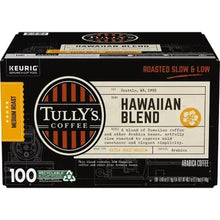 Tully's Hawaiian Blend K-Cup pod box with 100-count label, dark roasted slow & low
